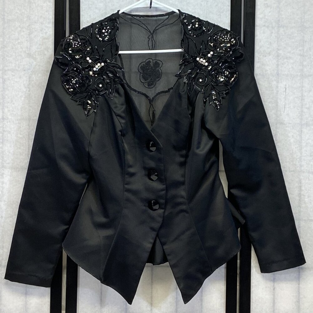 K Okada Climax Satin Beaded V-Neck Lace Back Tuxedo Shirt Top Vintage Glam 8/10